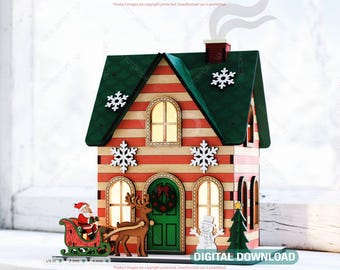Colorful 3D Wooden Christmas House for Laser Cutting Tabletop Holiday Décor Miniature House with Santa’s Sleigh Digital Download |#653|