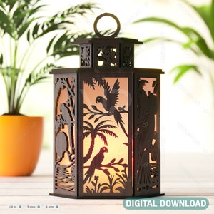Lanterna tropicale esotica: Pappagallo Taglio Laser Tealight Portacandele Luce notturna Uccelli Giungla Foresta Scena Lanterna Download digitale /#425/