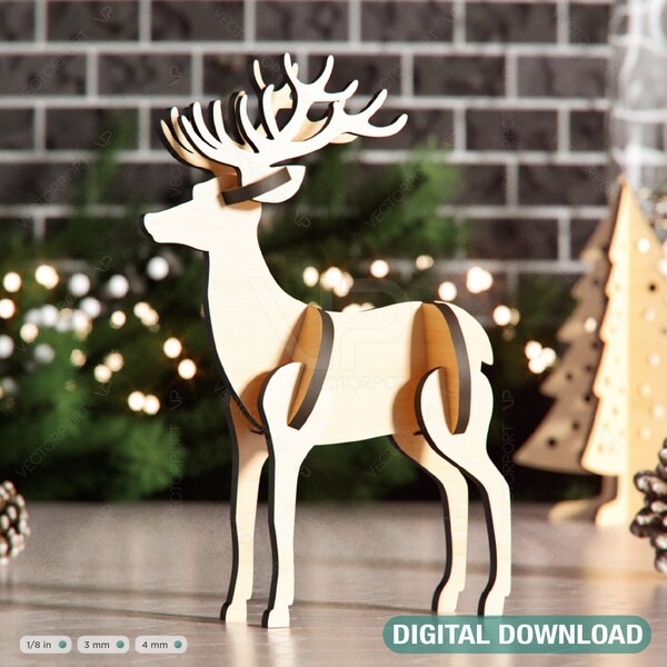 Stehende 3D-Rehe & Weihnachtsbäume Laserschnittdateien Neujahrsdekoration Digitaler Download | SVG |#309|