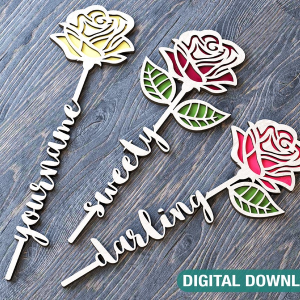 Rose Flower Laser Cut Out Art Valentine Day Acrylic wood Personalized Flower with name editable Cut Files Digital Download |#169|