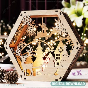 Lampada tagliata al laser esagonale con scena innevata, lanterna di Natale, portacandele, decorazione invernale da notte, download digitale /#463/