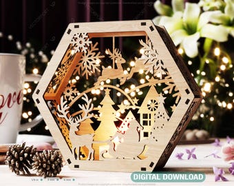 Hexagon Laser Cut Lamp Snowy Scene Christmas Lantern Candle Holder, Winter Wonderland Decoration Night Light, Digital Download |#463|