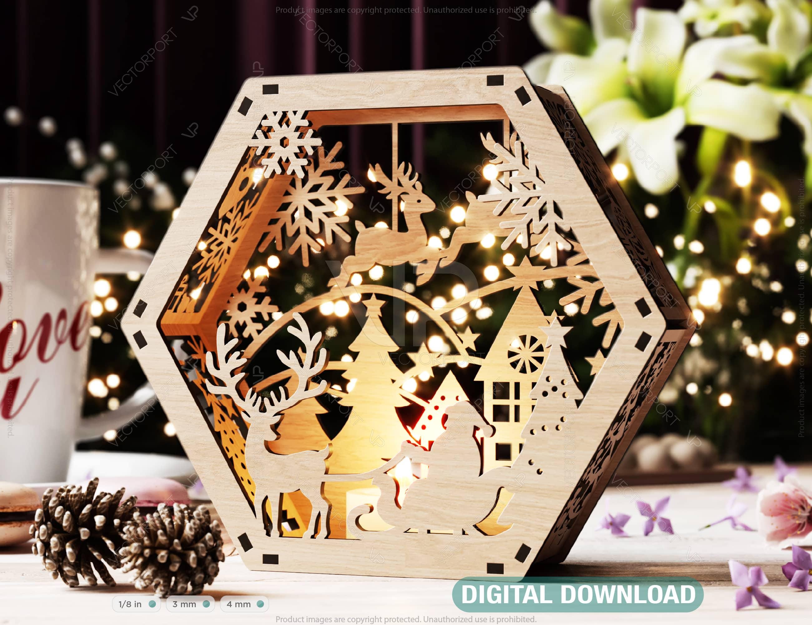 Hexagon Laser Cut Lamp Snowy Scene Christmas Lantern Candle Holder
