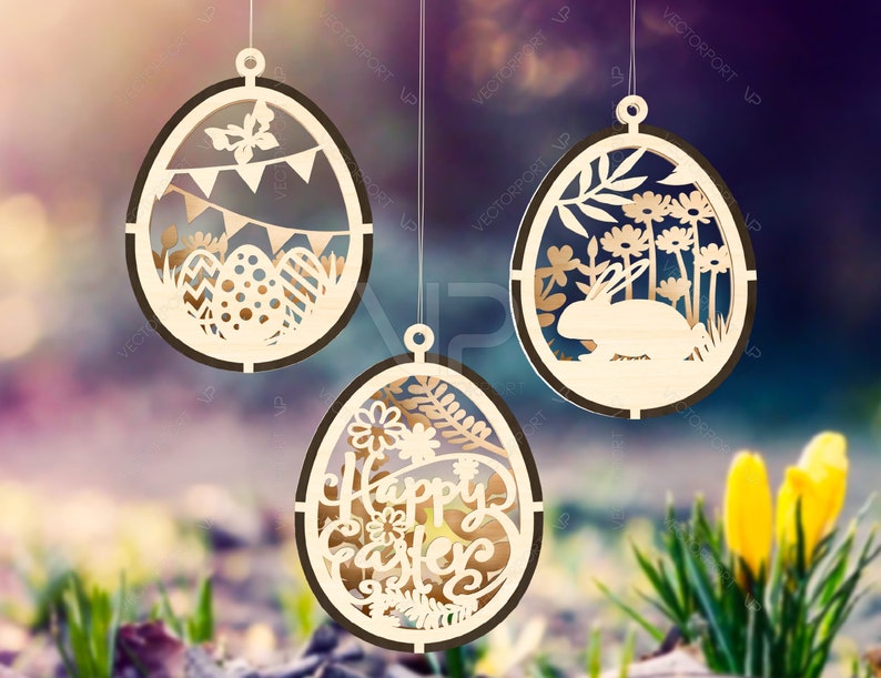 3D Easter Laser Cut Hanging Ornaments Egg Rabbits SVG Layered Decor ...