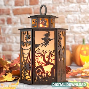 Halloween Candle Tealight Holder Pumpkin Witch Spider Lantern Spooky Scene Lamp Digital Download SVG |#267|