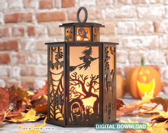 Halloween Candle Tealight Holder Pumpkin Witch Spider Lantern Spooky Scene Lamp Digital Download SVG |#267|