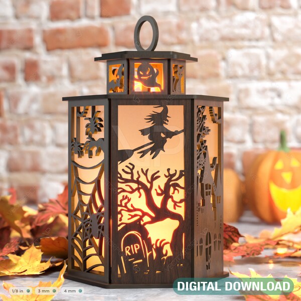 Halloween Candle Tealight Holder Pumpkin Witch Spider Lantern Spooky Scene Lamp Digital Download SVG |#267|