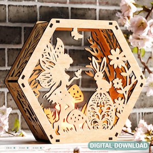 Pâques magique : lampe de table hexagonale avec lapin et ombres de fée - Bougeoir lanterne veilleuse LED en téléchargement numérique |#537|