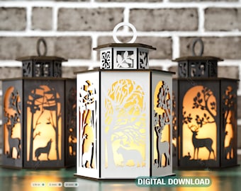 Linterna de ciervo luz de té invierno bosque nevado con linterna de ciervo portavelas corte láser madera contrachapada regalo votivo madera descarga digital SVG /#242/