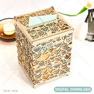 Caixa de cartão de presente de casamento decorativa com padrão de coração Decoração Cartão de madeira Caixa de dinheiro com cadeado Envelope Convite Download digital |#053|