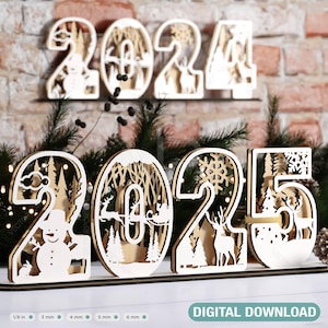 Décoration de Noël 3D numéro 2025 avec scène enneigée du Nouvel An, découpe laser multicouche, téléchargement numérique | #295|