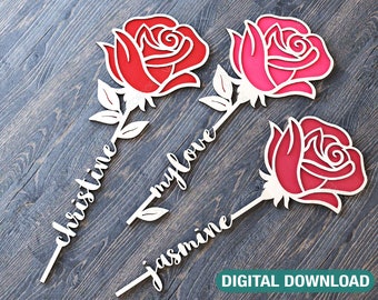 Fleur rose découpée au laser Art Saint-Valentin en bois acrylique fleur personnalisée avec nom modifiable en téléchargement numérique | #178|