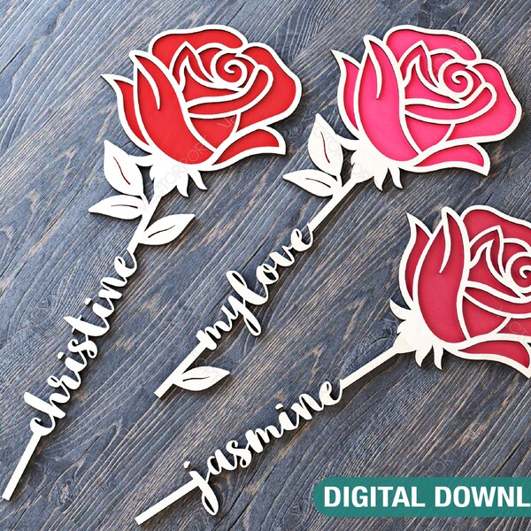 Fleur rose découpée au laser Art Saint-Valentin en bois acrylique fleur personnalisée avec nom modifiable en téléchargement numérique | #178|