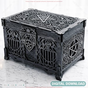 May include: A dark gray wooden chest with intricate gothic-style carvings and a pentagram design on the lid. The chest features a skull and pentagram details, with the words "DIGITAL DOWNLOAD" at the bottom.