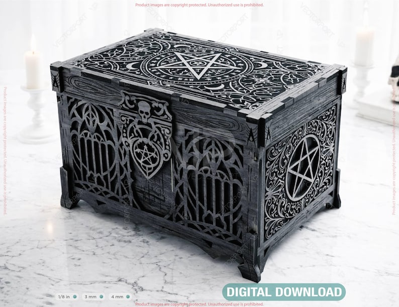 May include: A dark gray wooden chest with intricate gothic-style carvings and a pentagram design on the lid. The chest features a skull and pentagram details, with the words "DIGITAL DOWNLOAD" at the bottom.