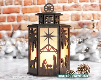 Nativity Scene Candle Holder Christmas Eve with baby Jesus, Traditional Lantern Tea  Digital Download SVG |#316|