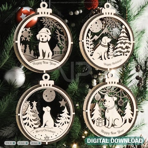 Dog Theme New Year Theme 3D Christmas Ornament Set Tree Decorations Craft Hanging Bauble Snowy Scene Pup Laser Cut Digital Download |#507|