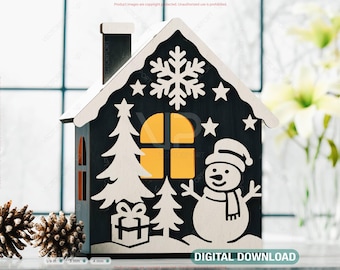 Arquivo de corte a laser de casa de Natal 3D – SVG de feriado em camadas, decoração de inverno em miniatura, porta-velas - download digital de cena de ano novo |#617|