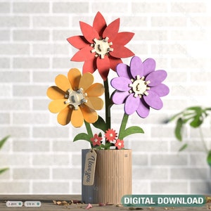 Vaso per fiori in legno tagliato al laser 3D con margherita, regalo per San Valentino, regalo per la festa della mamma, download digitale /#354/