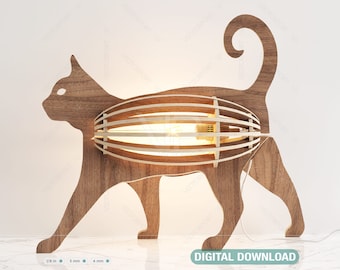 Dekorativer Katzenförmiger Tisch Holzlampe Laser Cut Schreibtischlampe Vektor-Pläne Digitaler Download SVG DXF |#200|