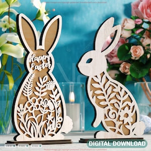 Délice de lapin floral multicouche sur pied : lapin de Pâques découpé au laser avec fleurs - téléchargement numérique SVG |#533|