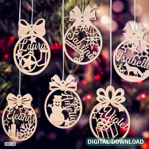 Gepersonaliseerde kerstballen Boomversieringen met naam Ambachtelijke hangers Hangende kerstbal Papierkunstsjablonen gesneden bestand Digitale download |#099|