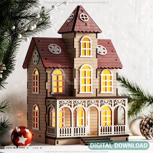 Miniatura casa innevata paese delle meraviglie invernale villaggio di Natale scena di Capodanno taglio laser download digitale /#504/