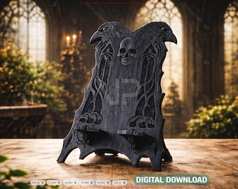 Gothic Phone Stand SVG | Raven Skull Gothic Smartphone Holder | Laser Cut Wooden Desk Stand Digital Download |#693|