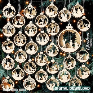 Pacchetto di ornamenti natalizi 3D, set di decorazioni per alberi, palline sospese con scena innevata, download digitale di Capodanno tagliato al laser /#434/