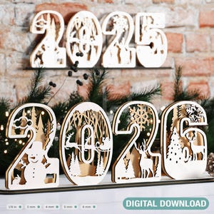 2026 Standing Number 3D Christmas Decoration with Snowy New Year Scene Multilayer Laser cut Digital Download |#295|