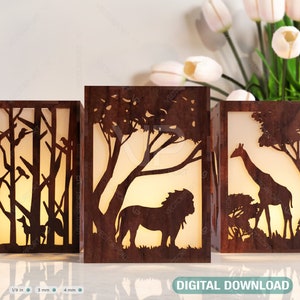 Dieren Boom Kaarshouder Lasergesneden met Lion Fox Giraffe Lamp hout Theelichtje Lantaarn Votief Cadeau SVG Digitale Download |#073|