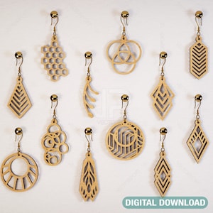 May include: Set of 12 laser cut wooden earrings with geometric designs. The earrings are in various shapes, including circles, diamonds, and hexagons. The earrings are all made of natural wood and have a light brown color.