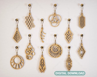 May include: Set of 12 laser cut wooden earrings with geometric designs. The earrings are in various shapes, including circles, diamonds, and hexagons. The earrings are all made of natural wood and have a light brown color.