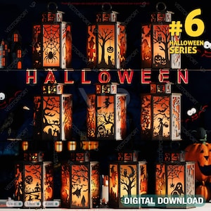 May include: A collection of Halloween-themed lanterns with intricate cut-out designs. The lanterns feature spooky silhouettes of bats, spiders, trees, and haunted houses. The word "HALLOWEEN" is displayed in red letters. The image also includes pumpkins and the text "DIGITAL DOWNLOAD".