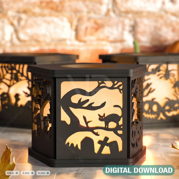 Halloween Candle Tealight Holder Pumpkin Witch Spider Lantern Spooky Scene Lamp Digital Download SVG |#284|