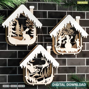 Conjunto de enfeites de natal 3D com tema de ano novo em formato de casa, decorações para árvores, artesanato, enfeites pendurados, cena de neve, corte a laser, download digital |#514|