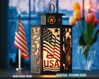 Abajur de mesa com tema patriótico dos EUA, cortado a laser, com Estátua da Liberdade, bandeira, águia e estrelas. Presente para americanos. Download digital |#606|