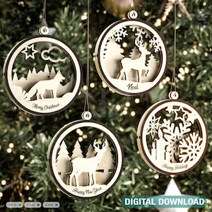 Kerstballen Boomversieringen Ambachtelijke hangende kerstbal Besneeuwde scène Herten snijwerk stencil lasergesneden digitale download |#274|