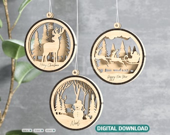 Christmas Balls Tree Decorations Craft Hanging Bauble Snowy Scene Deer carving stencil laser cut Digital Download |#260|