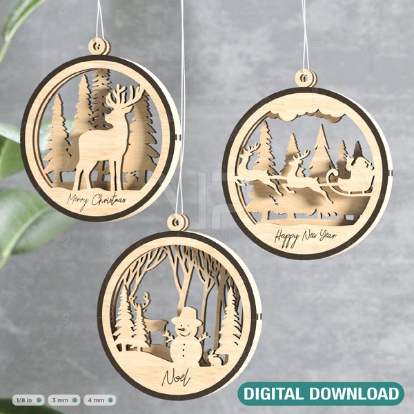 Weihnachtskugeln Baumschmuck Handwerk Hängende Christbaumkugel Verschneite Szene Hirsch Carving Schablone Laser geschnitten Digital Download |#260|