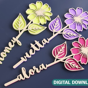 Flower Laser Cut Out Art Gift Day Acrylic wood Personalized Flower with name editable Cut Files Digital Download |#051|