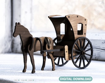 Vintage Horse Cart Laser Cut 3D Standing Carriage Wooden Construction Kit Wagon Digital Download | SVG |#324|