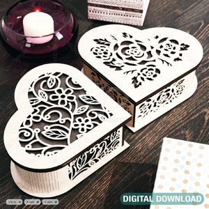 Padrão de flor de madeira em forma de coração joias corte a laser modelo de caixa modelo de vetor de história de amor de casamento Download digital | SVG, DXF |#171|