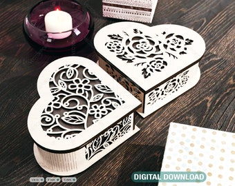 Padrão de flor de madeira em forma de coração joias corte a laser modelo de caixa modelo de vetor de história de amor de casamento Download digital | SVG, DXF |#171|