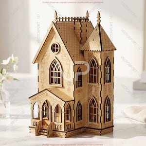 May include: A detailed wooden miniature house with a light brown finish. The house features arched windows, decorative trim, and a small porch. The roof has a textured design, and the overall style is reminiscent of a gothic architectural design.