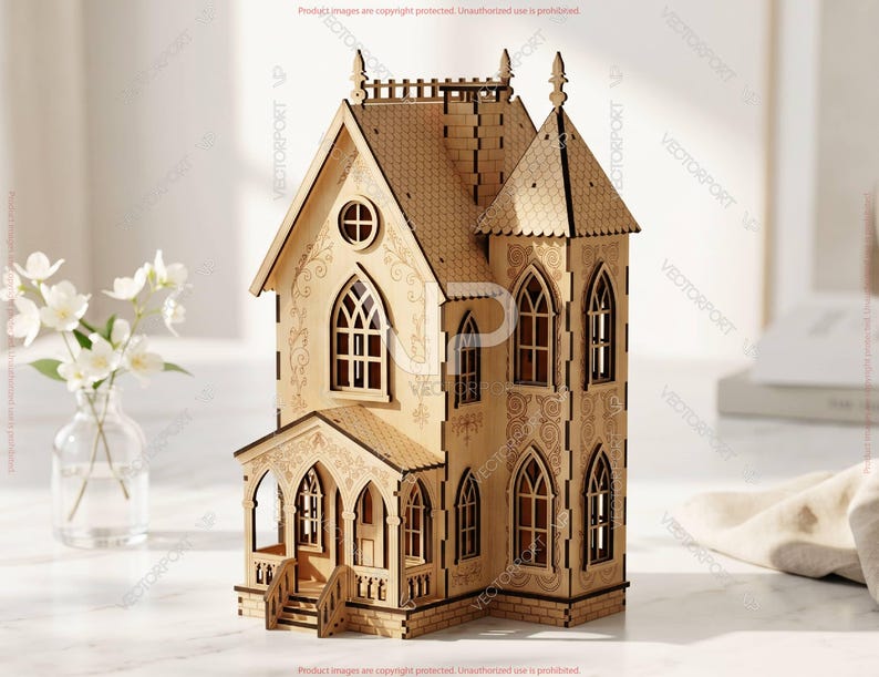 May include: A detailed wooden miniature house with a light brown finish. The house features arched windows, decorative trim, and a small porch. The roof has a textured design, and the overall style is reminiscent of a gothic architectural design.