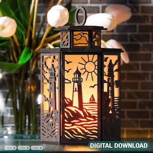 Lanterna faro costiera SVG – Lampada da tavolo tagliata al laser – Portacandele da tè Lightbox con decorazioni nautiche, download digitale /#592/