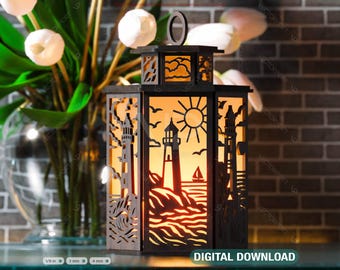 Coastal Lighthouse Lantern SVG – Laser Cut Table Lamp – Nautical Decor Lightbox Tea Light Candle Holder Digital Download |#592|