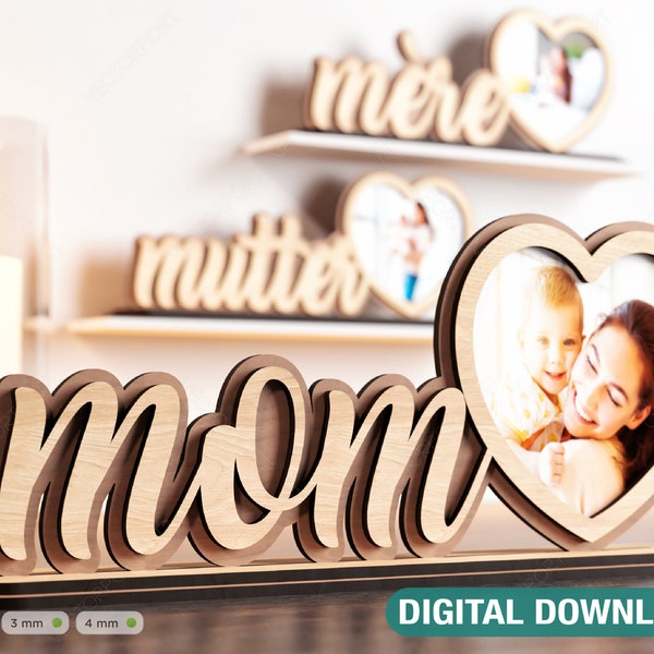 Staande moedertekst met hartvorm fotolijst Happy Mother's Day Gift voor moeder SVG plan, Diy cadeau Digitale Download |#223|