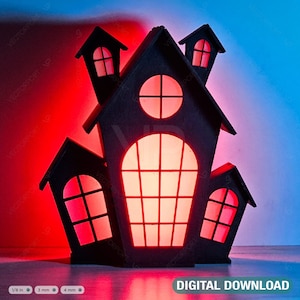 3D Halloween maison en bois noir lampe de nuit fichier découpé au laser boîte à lumière Halloween bougeoir téléchargement numérique | #293 |